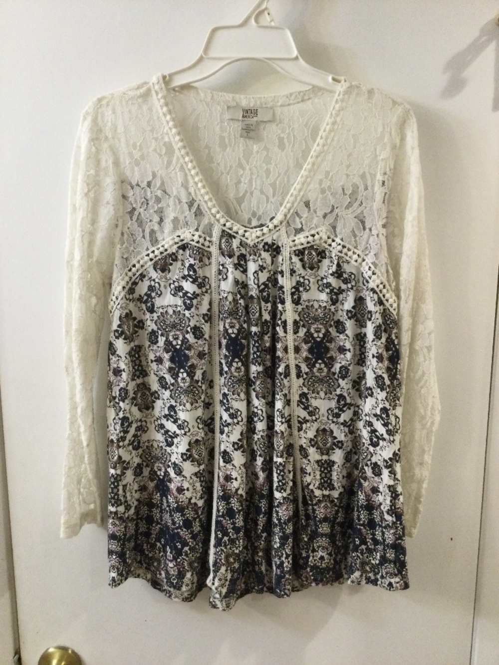 Vintage America Blues Tunic Top Blouse Long Lace Sleeve L